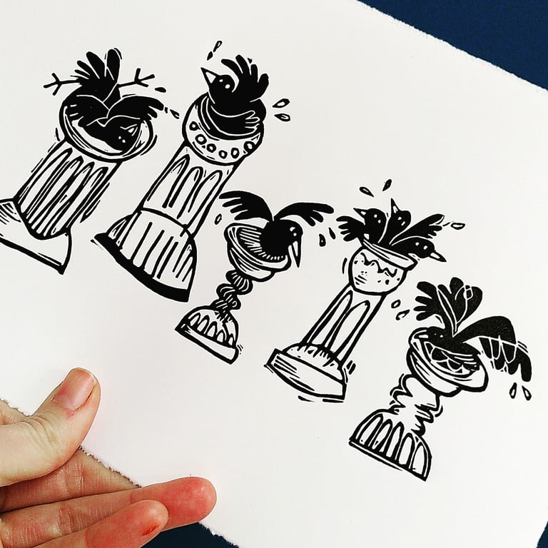 Birds in the Bath - lino cut print