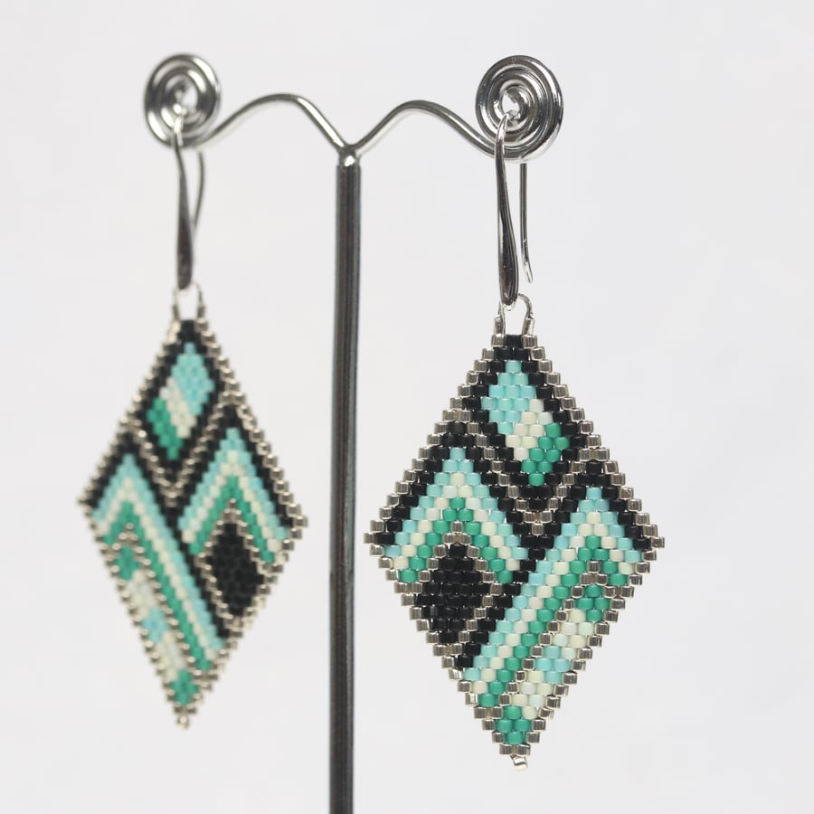 Diamond Shaped Beaded Earrings with Green, Silver and Black Geometric Design