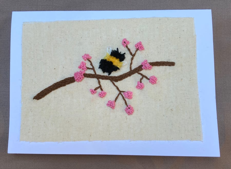 Bee & blossom hand embroidered card.