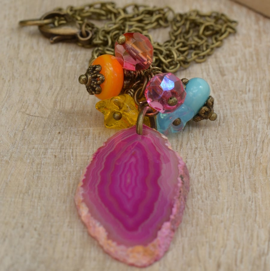 Hot Pink Agate Slice Pendant with Lampwork & Glass Bead Necklace