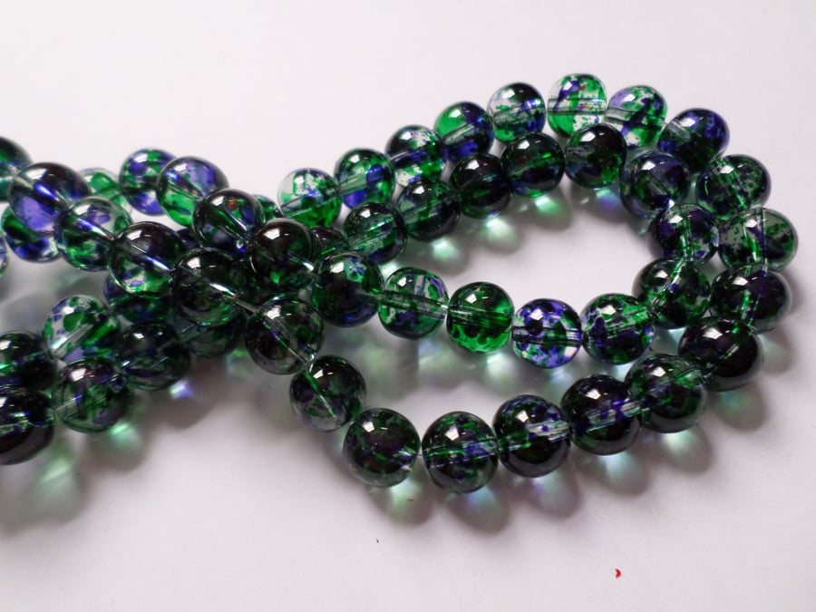 25 x Transparent Mottled Effect Glass Beads - Round - 10mm - Purple & Green 