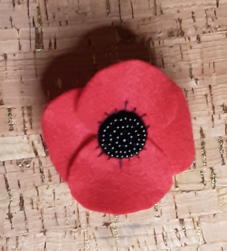 Remembrance Day Poppy Red Felt Brooch with Beaded Centre Medium.