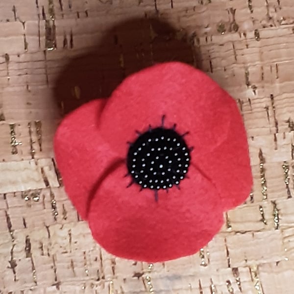 Remembrance Day Poppy Red Felt Brooch with Beaded Centre Medium.