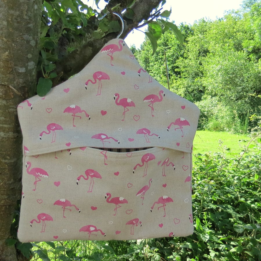 Flamingos.  A peg bag with a flamingos design.  Peg storage.