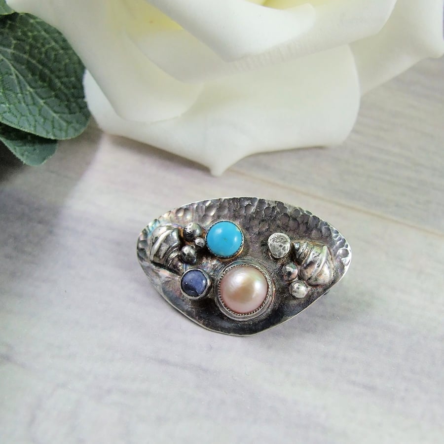 Beachcomber Brooch. Silver Pebbles & Shells with Pearl, Turquoise and Sodalite