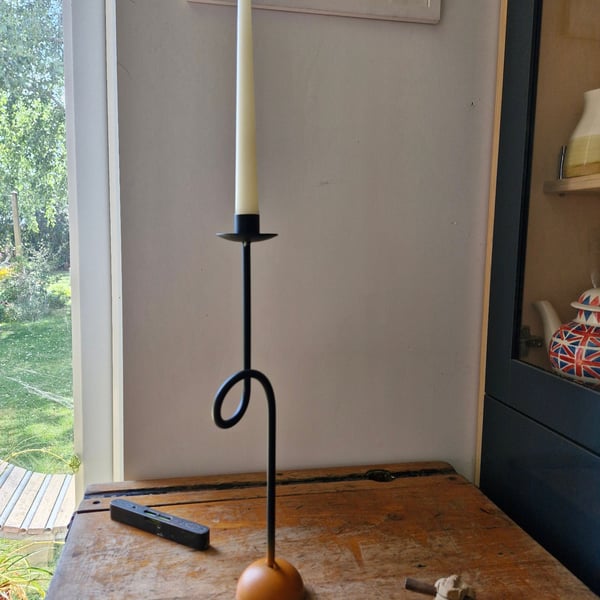 Single Metal Candle Holder Satin Black and Orange