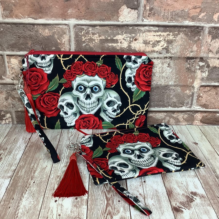 Skulls and rose zip clutch bag, Detachable wrist strap, 2 size options, Handmade