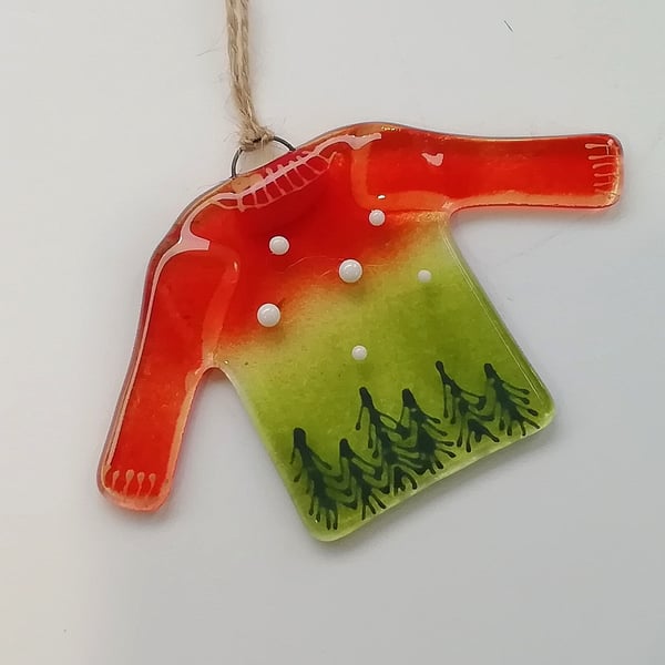 Xmas jumper tree decoration, Christmas tree ornament, fused glass, festive decor