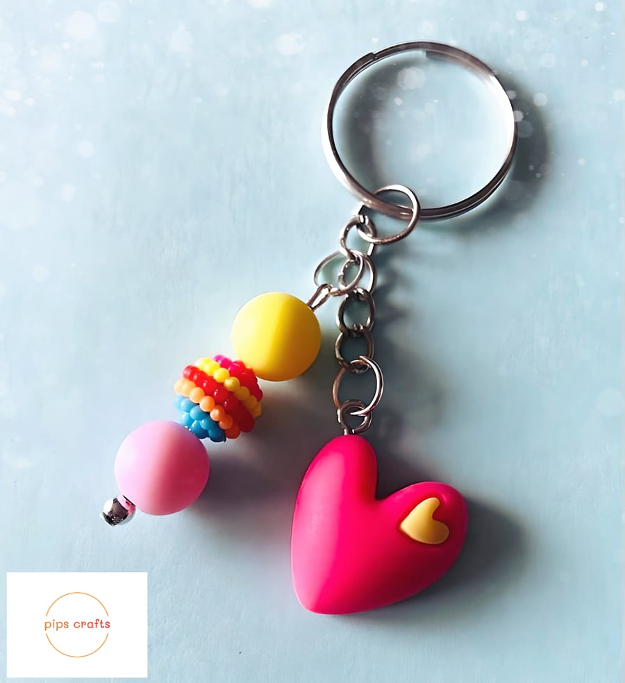 Fun Colourful Heart Bead Keyring - Keychain, Gift, Secret Santa