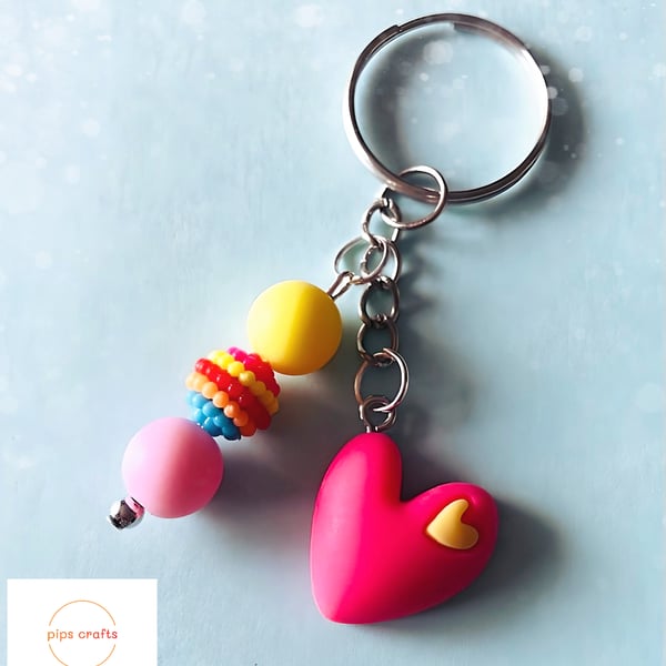 Fun Colourful Heart Bead Keyring - Keychain, Gift, Secret Santa