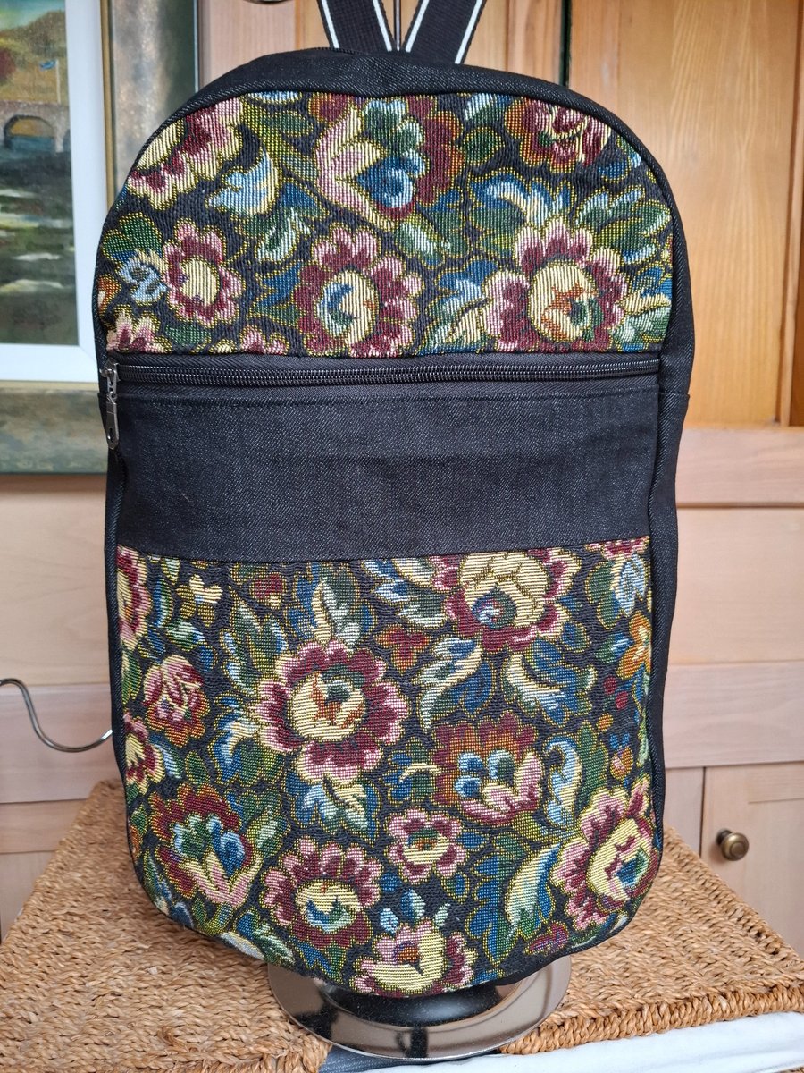 Black denim and tapestry backpack