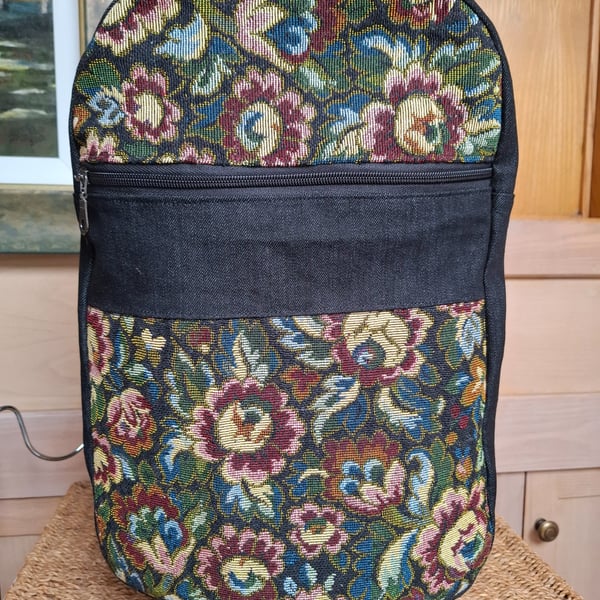 Black denim and tapestry backpack