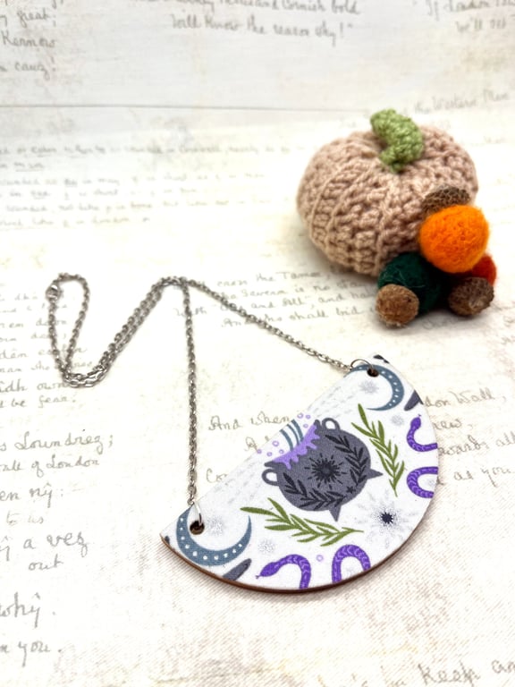 Witch's Cauldron Statement Necklace — Handmade Fabric & Wood Halloween Jewellery