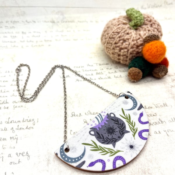 Witch's Cauldron Statement Necklace — Handmade Fabric & Wood Halloween Jewellery