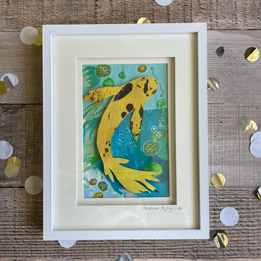 Paper Art Collage Art Work  Original Art Gift  koi Fish Pond Life Animal Yellow 