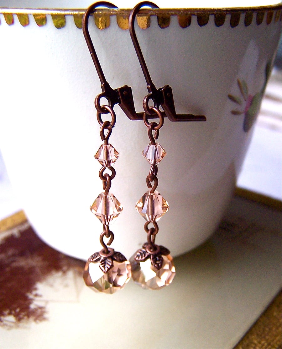 Crystal Earrings, Copper Dangle Earrings, Sparkly Beads