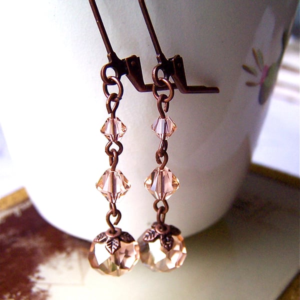 Crystal Earrings, Copper Dangle Earrings, Sparkly Beads