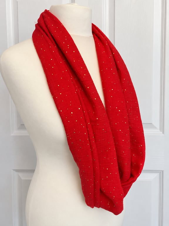 Red with Gold Speckles Infinity Scarf, 100% cotton 