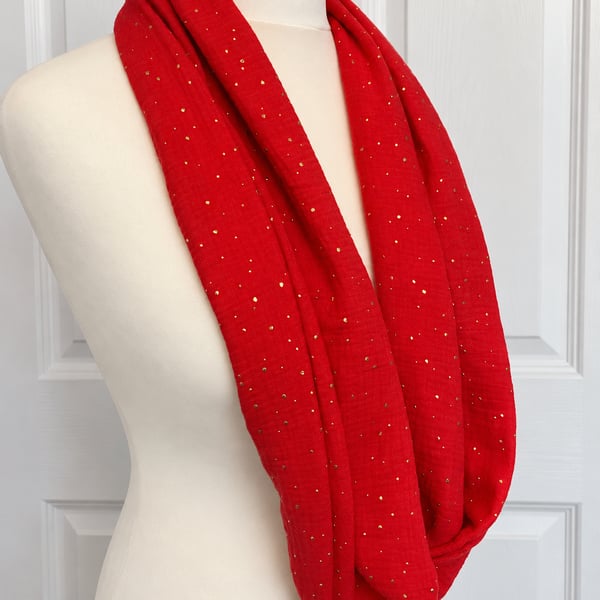 Red with Gold Speckles Infinity Scarf, 100% cotton 