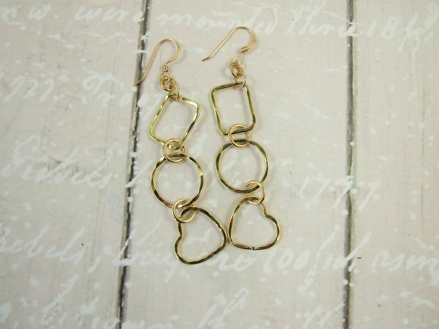 Geometric Shapes Earrings, Brass Dangle Geometric with 14ct Gold Filled Earwires