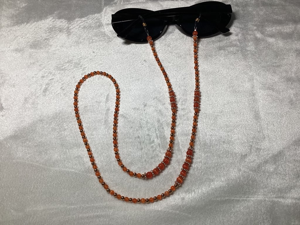 Glasses lanyard in orange and gold, glasses chain, beaded chain.