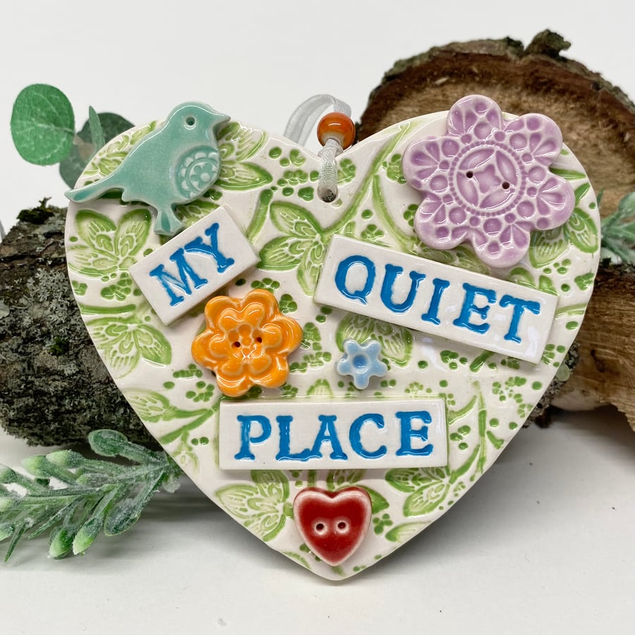 Ceramic heart decoration my quiet place green 