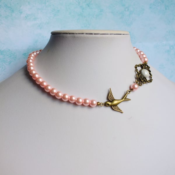 Vintage Style Swallow Necklace with Pink Glass Pearls