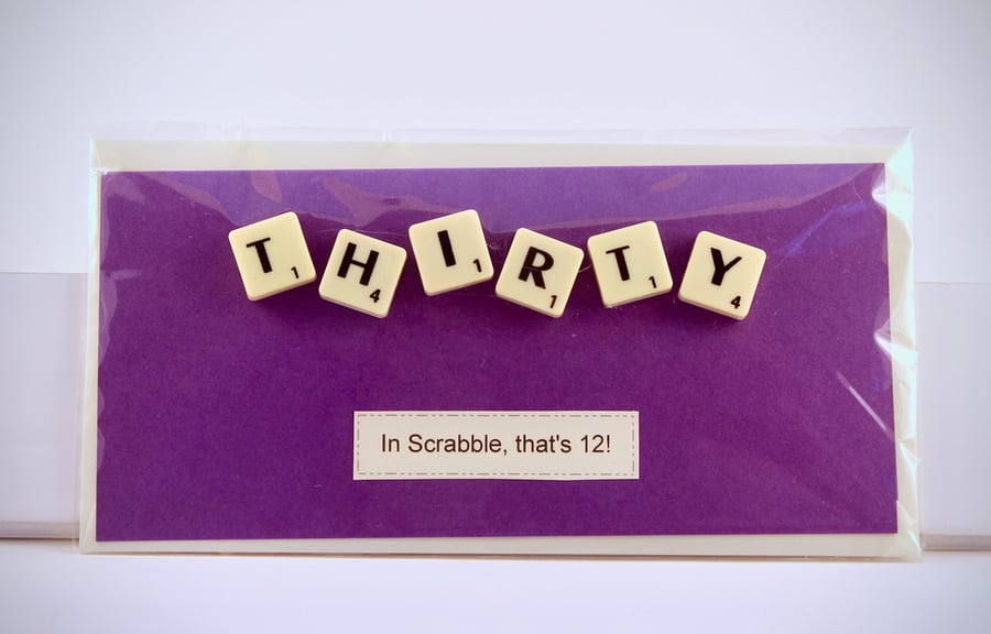 Scrabble Birthday card in 30, 40, 50, 60, 70 80 and 90