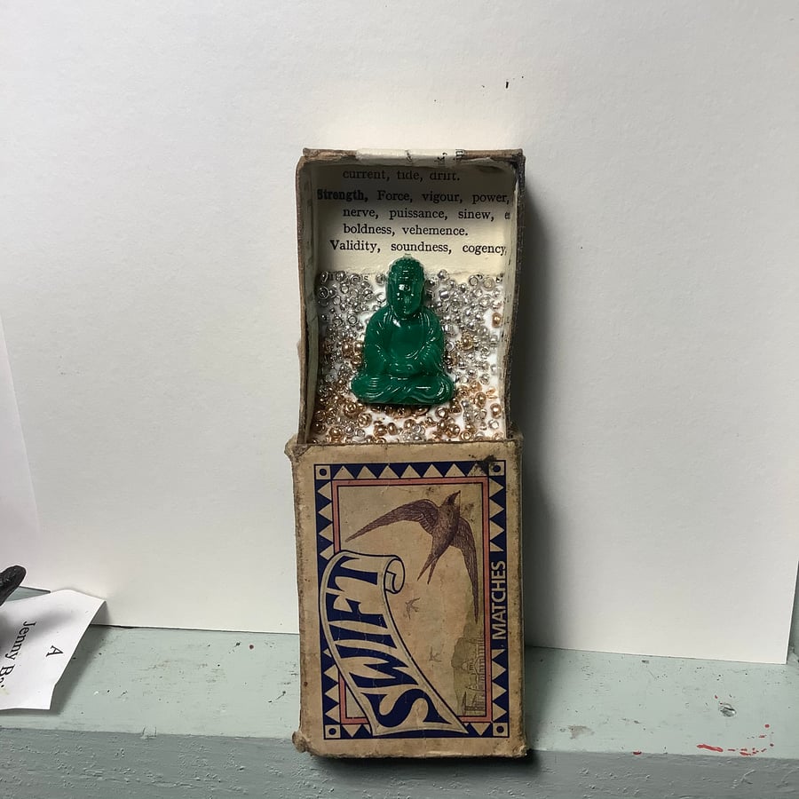 Vintage matchbox diorama. Peace, love, strength. Quirky gift. Meditation 