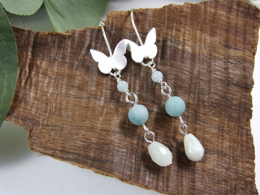 Earrings, Sterling Silver Butterflies with Amazonite & Jade