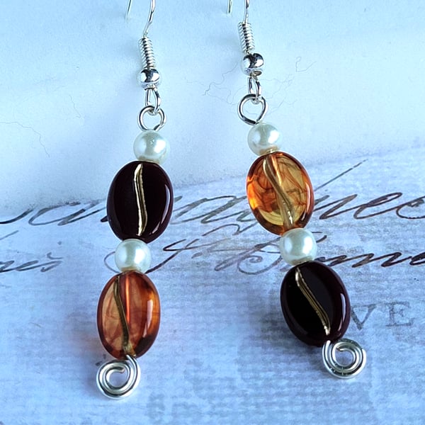 Coffee Bean Earrings, Espresso and Brandy Beads with Glass Pearls
