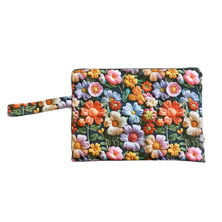 Floral Wristlet Bag - Colourful Flower Zipped Purse - Handmade Gift for Her