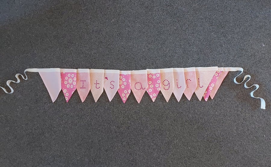 IT'S A GIRL Beautiful Hand Made Recycled Fabric Bunting, Hand Sparkled, Fabric 
