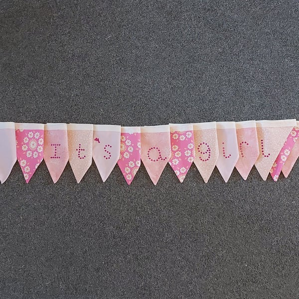 IT'S A GIRL Beautiful Hand Made Recycled Fabric Bunting, Hand Sparkled, Fabric 