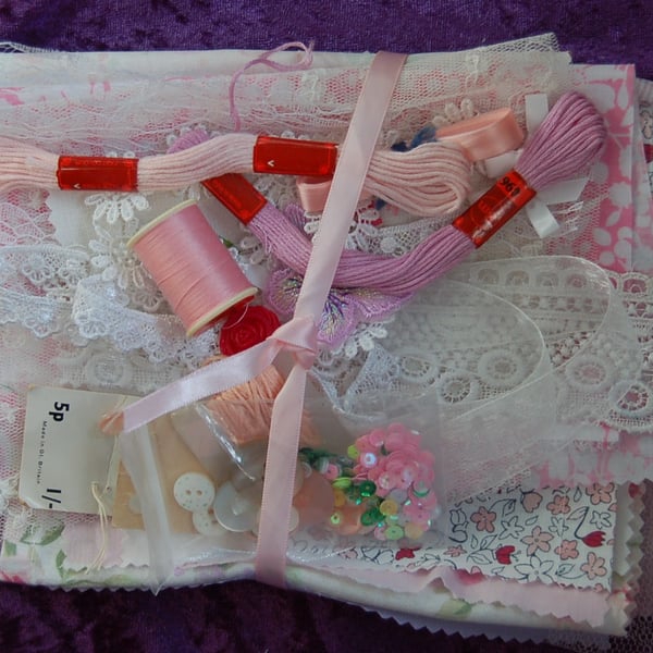 Upcycled slow stitching kit includes fabric, buttons, threads,  lace, ribbon