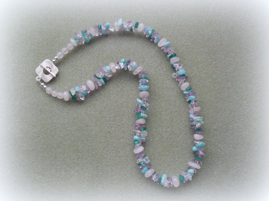 Semi Precious Gemstone Necklace Including Amethyst and Quartz