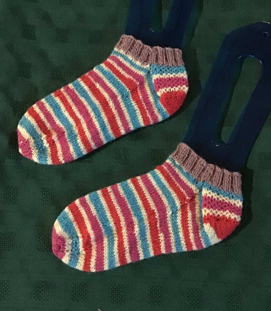 Hand knit short no show socks red white pink blue striped 