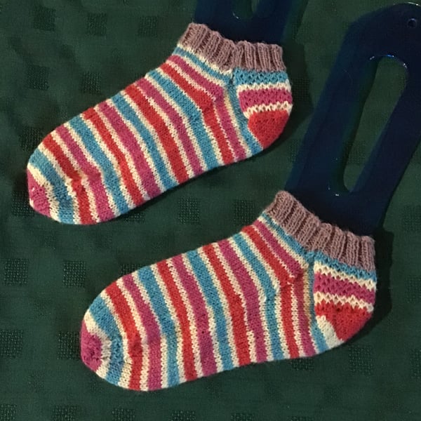 Hand knit short no show socks red white pink blue striped 