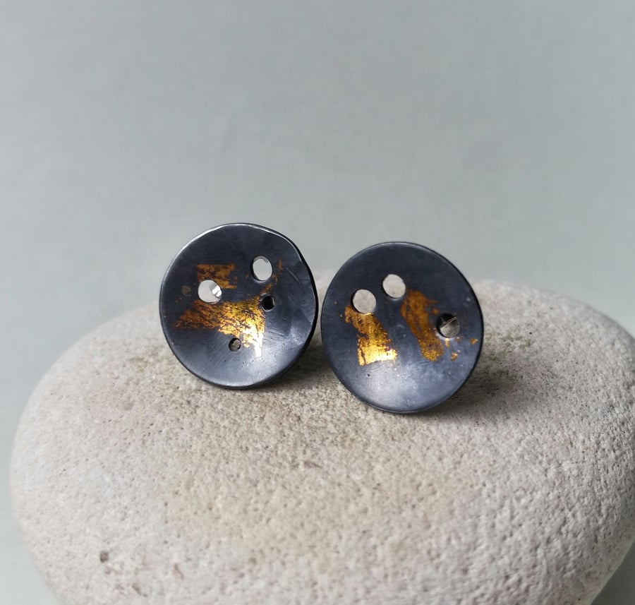 Handmade organic oxidised sterling Silver stud Earrings With Gold Accent. 