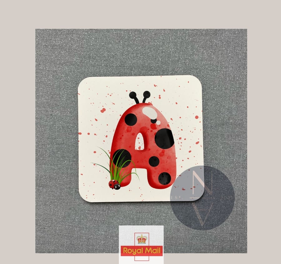 Personalised custom Wooden Coaster,Ladybug ,Ladybird Alphabet Initial Design, 9c