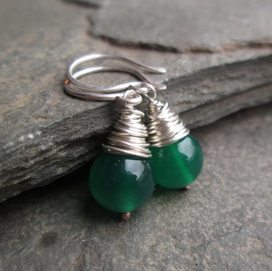 Green Onyx Earrings - Silver Wire Wrapped Earrings, Gift Jewellery