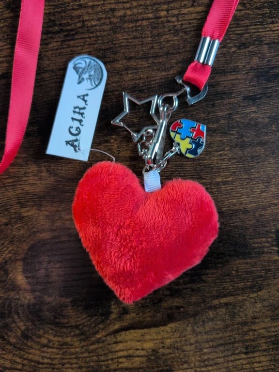 Handmade Plush Heart Lanyard – Autism Awareness Puzzle Charm – Red Satin Keyring