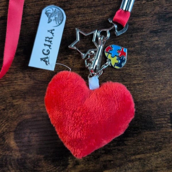 Handmade Plush Heart Lanyard – Autism Awareness Puzzle Charm – Red Satin Keyring