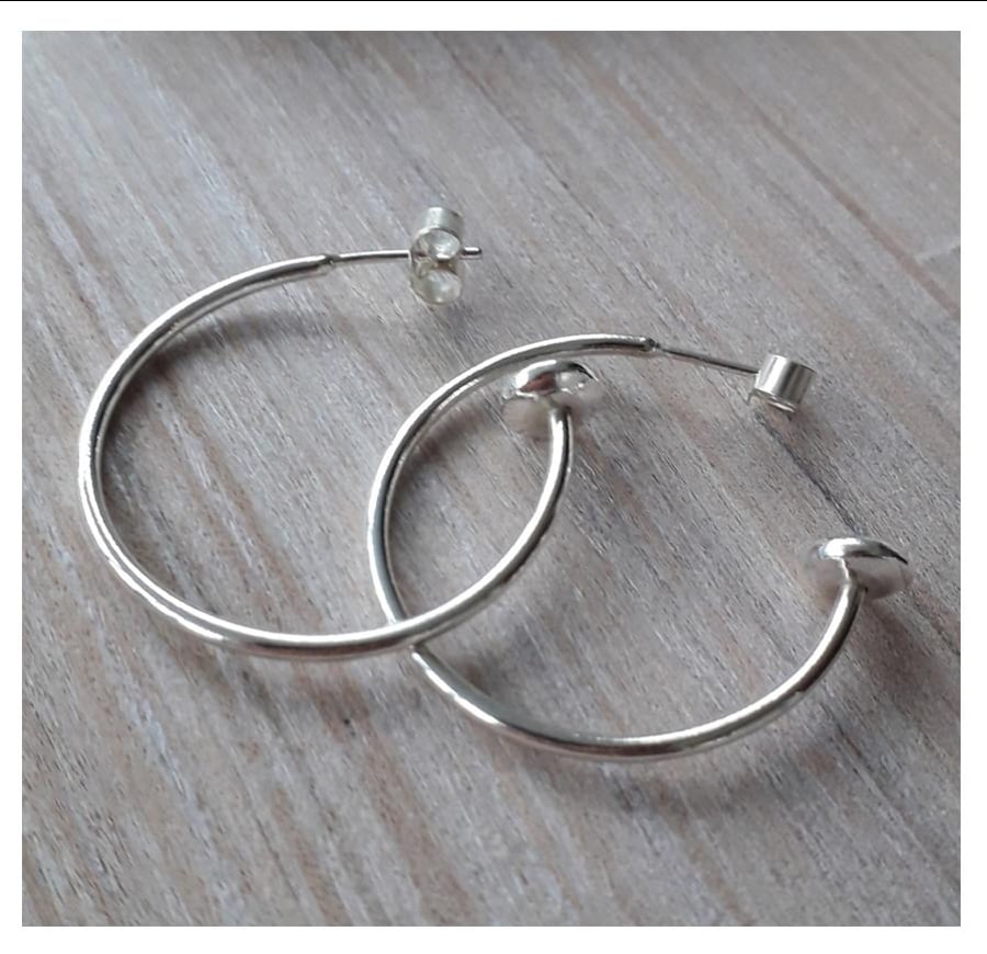 3 cm Sterling Silver hoop earrings with disc bead end, Solid Sterling Silver 925