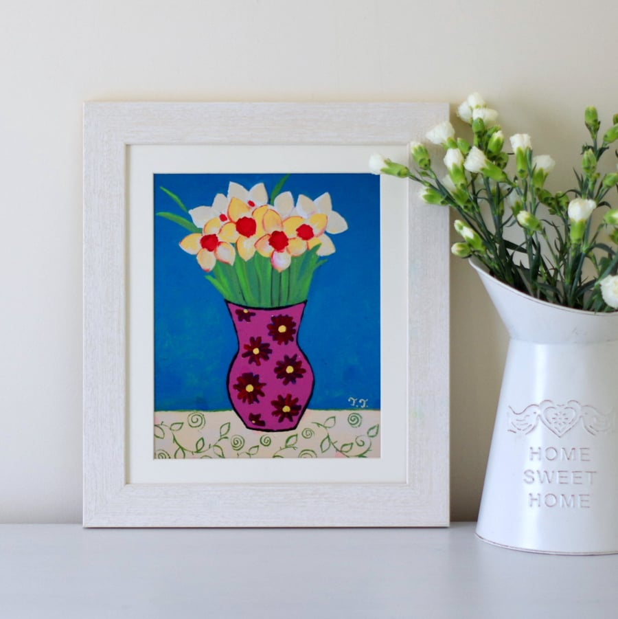 Daffodils Art Print, Teal and Yellow Art Print, Floral Print, Dusty Pink Vase 