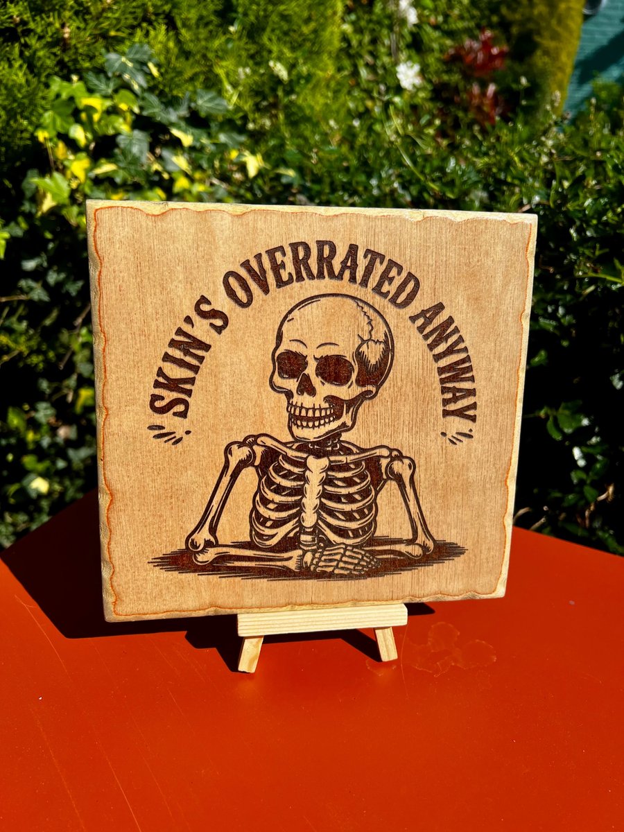Bespoke wooden plaque. Quirky skeleton 