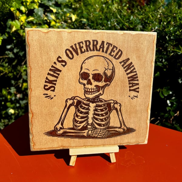 Bespoke wooden plaque. Quirky skeleton 