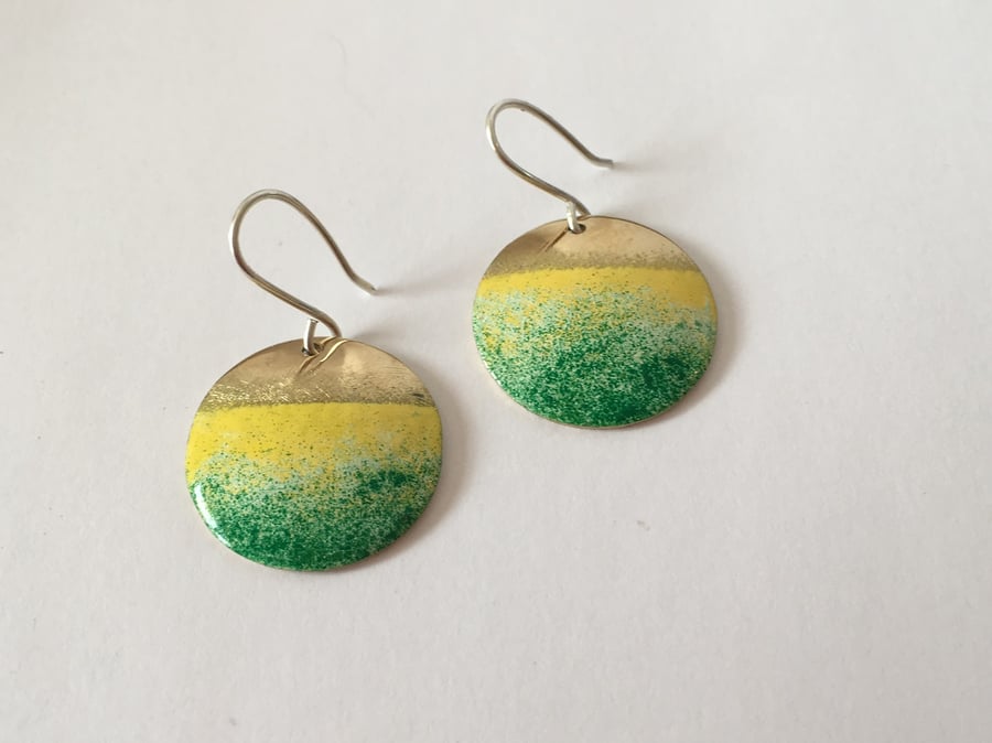 Silver & Brass Round Yellow Green Enamel Earrings
