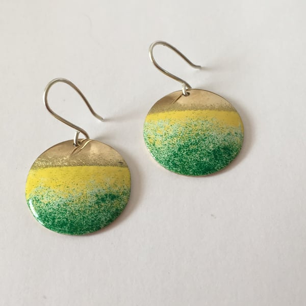 Silver & Brass Round Yellow Green Enamel Earrings