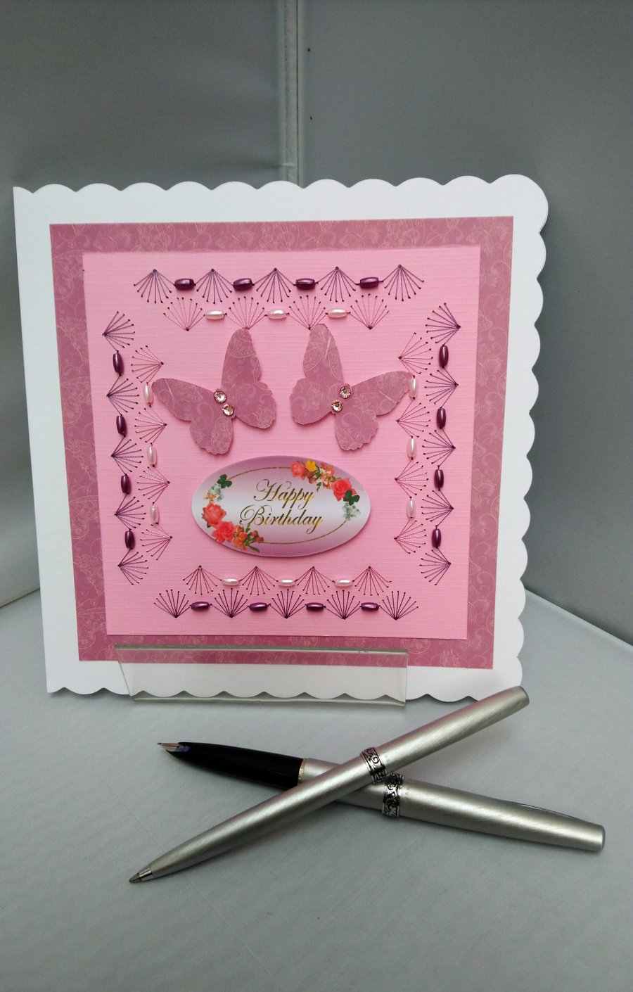 Cards, Birthday Card Butterfly, Embroidered with Beads and Diamantes